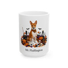 Angled Basenji dog Halloween mug with personalized pet name and fall design — image 3