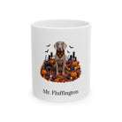 Personalized Weimaraner dog Halloween mug, 11oz white ceramic, with custom pet name on front