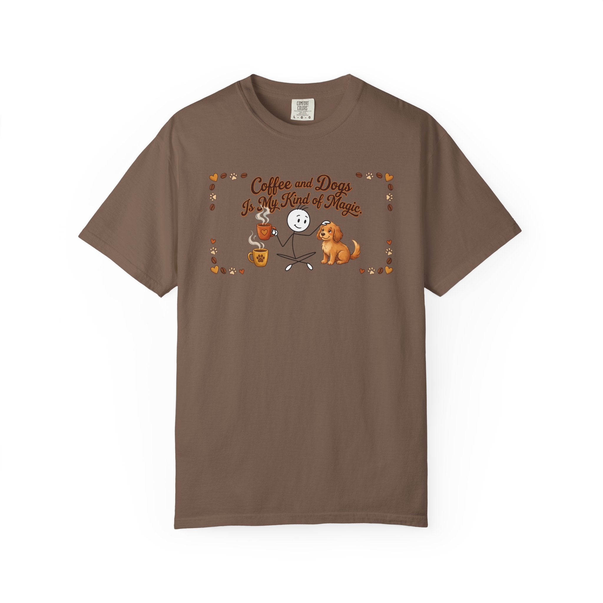 Brown t-shirt featuring a stick figure with a coffee mug and a dog with the text Coffee and Dogs.