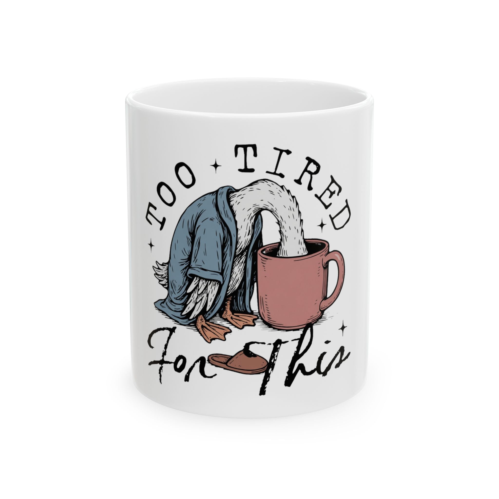 White ceramic mug featuring a cartoon goose in a robe with its head inside a coffee cup.