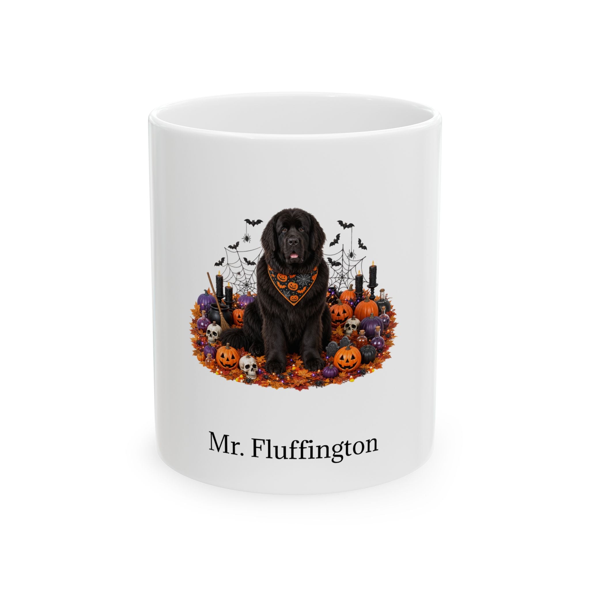 Personalized Newfoundland dog Halloween mug, 11oz white ceramic, with custom pet name on front
