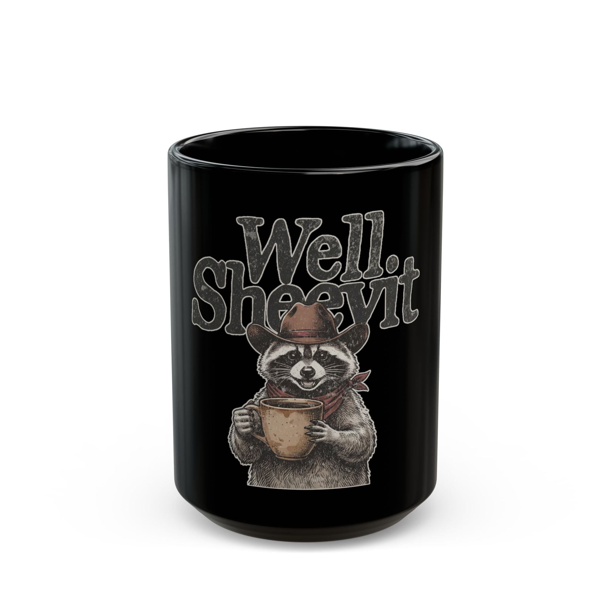 Black ceramic coffee mug featuring a raccoon wearing a cowboy hat and bandana holding a mug.