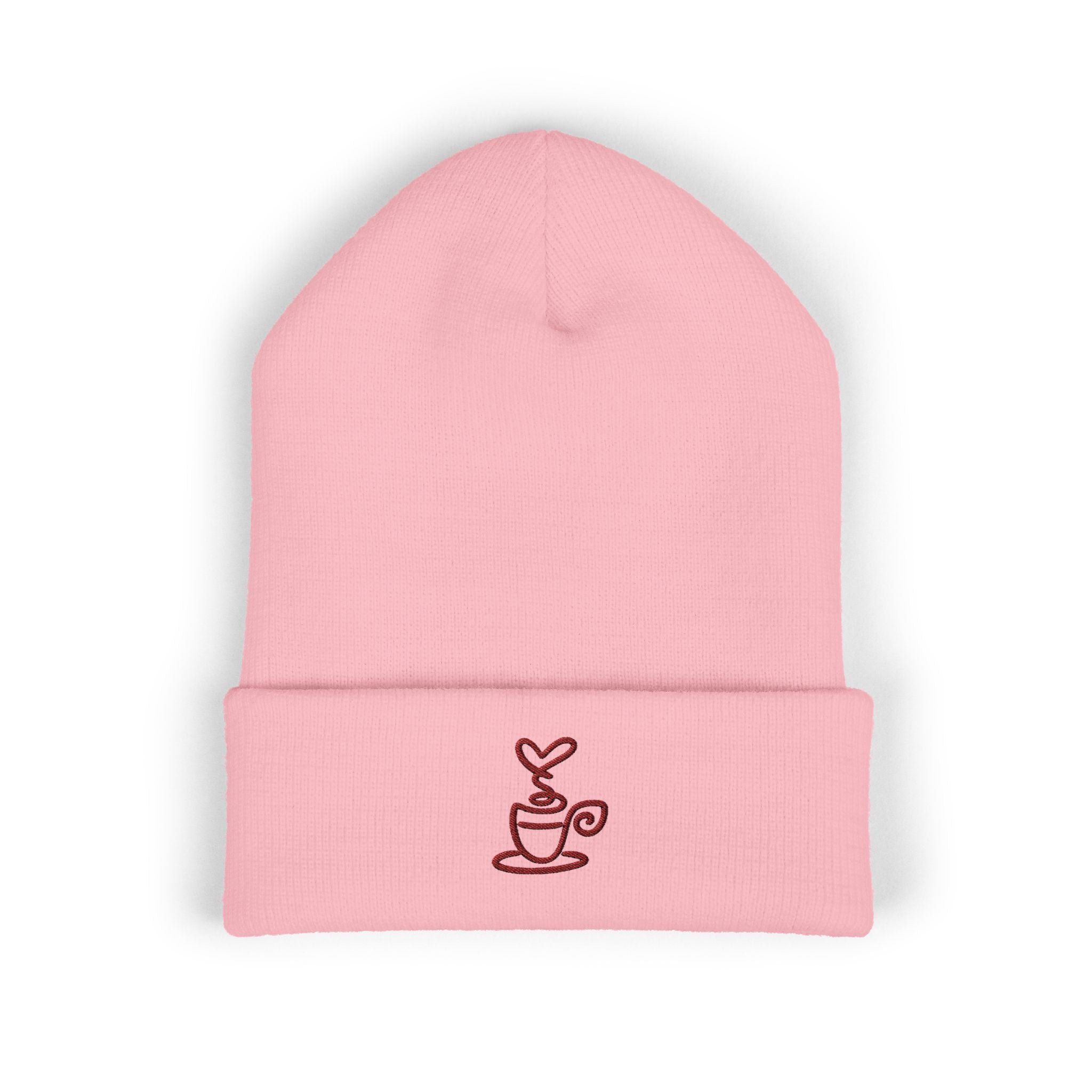 Pink cuffed knit beanie with an embroidered coffee cup design.