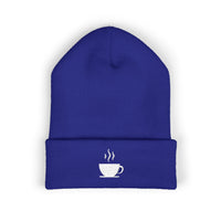 Embroidered coffee cup cuffed beanie in royal blue.
