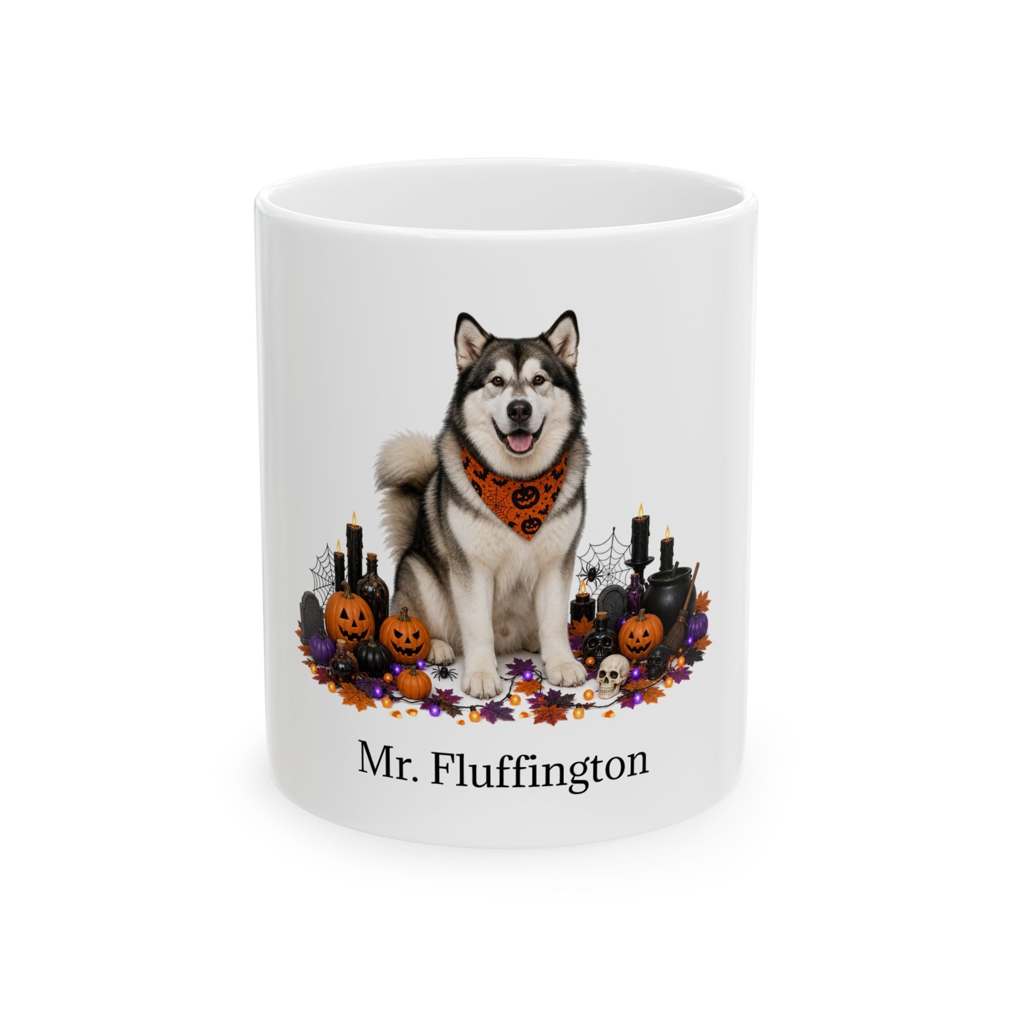 Personalized Malamute dog ceramic coffee mug with Halloween artwork and custom name — image 2
