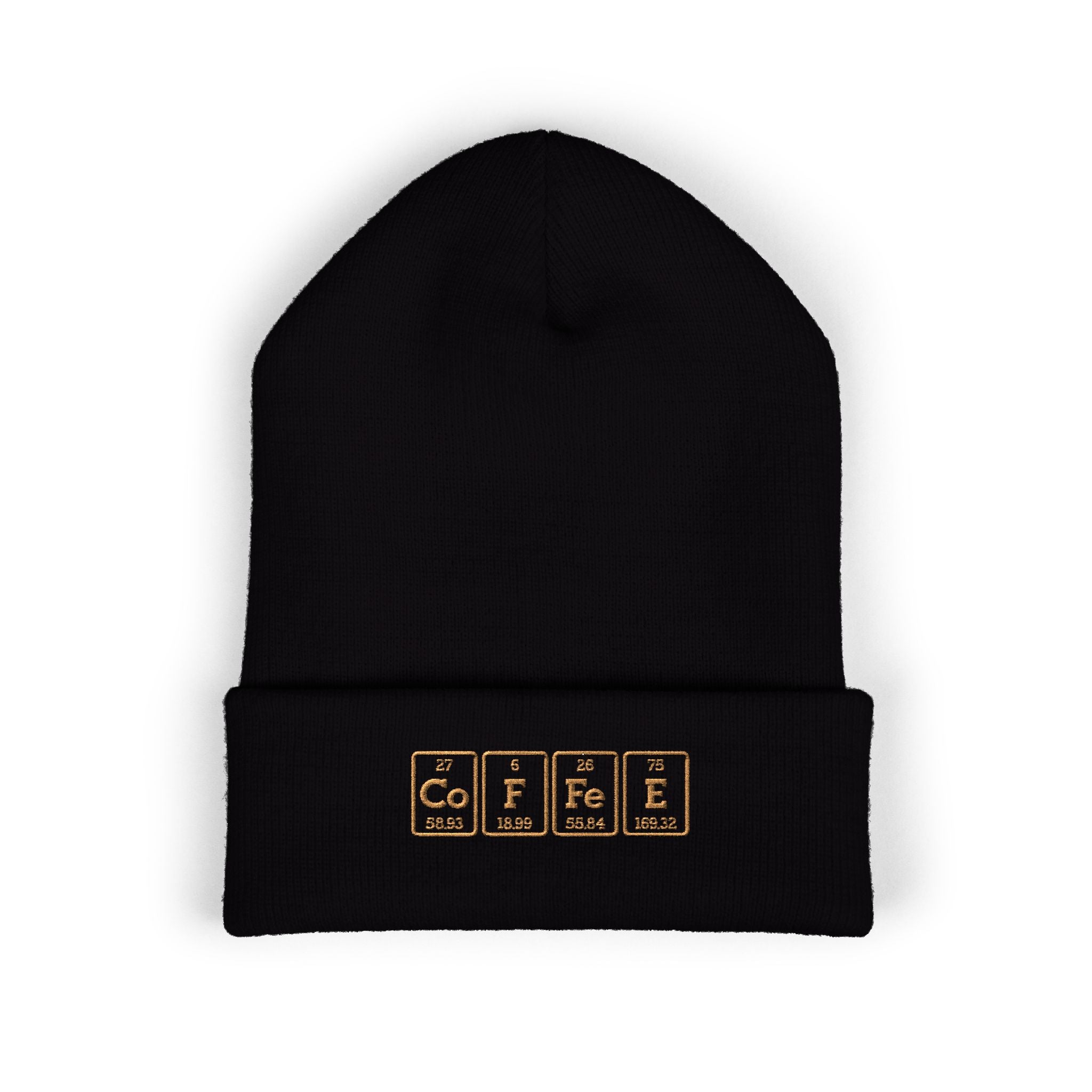 Black cuffed beanie with "COFFEE" spelled out using periodic table elements.