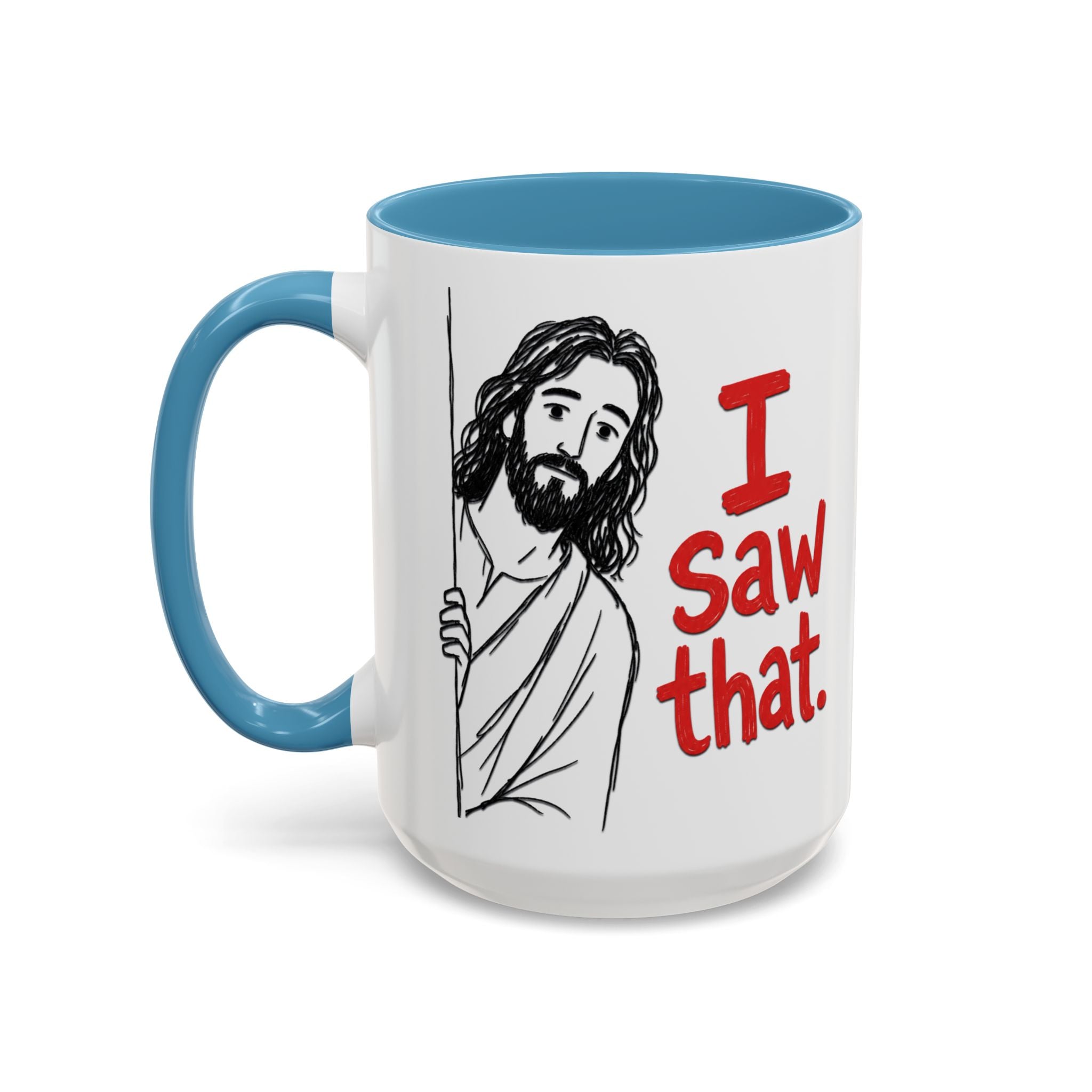 White ceramic coffee mug with a blue handle and interior, featuring a drawing of Jesus peeking.