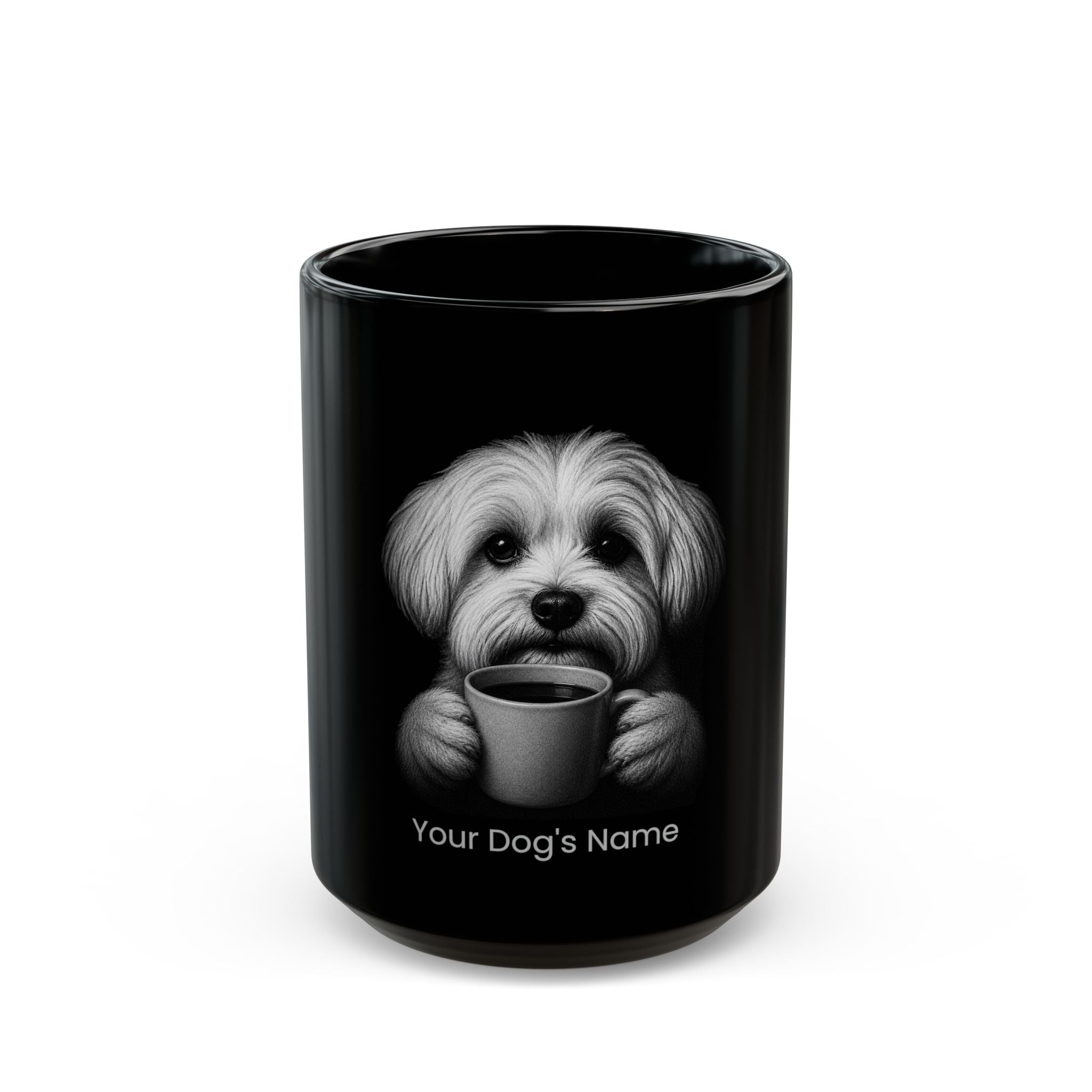 Personalized Maltese black ceramic coffee mug with custom dog name