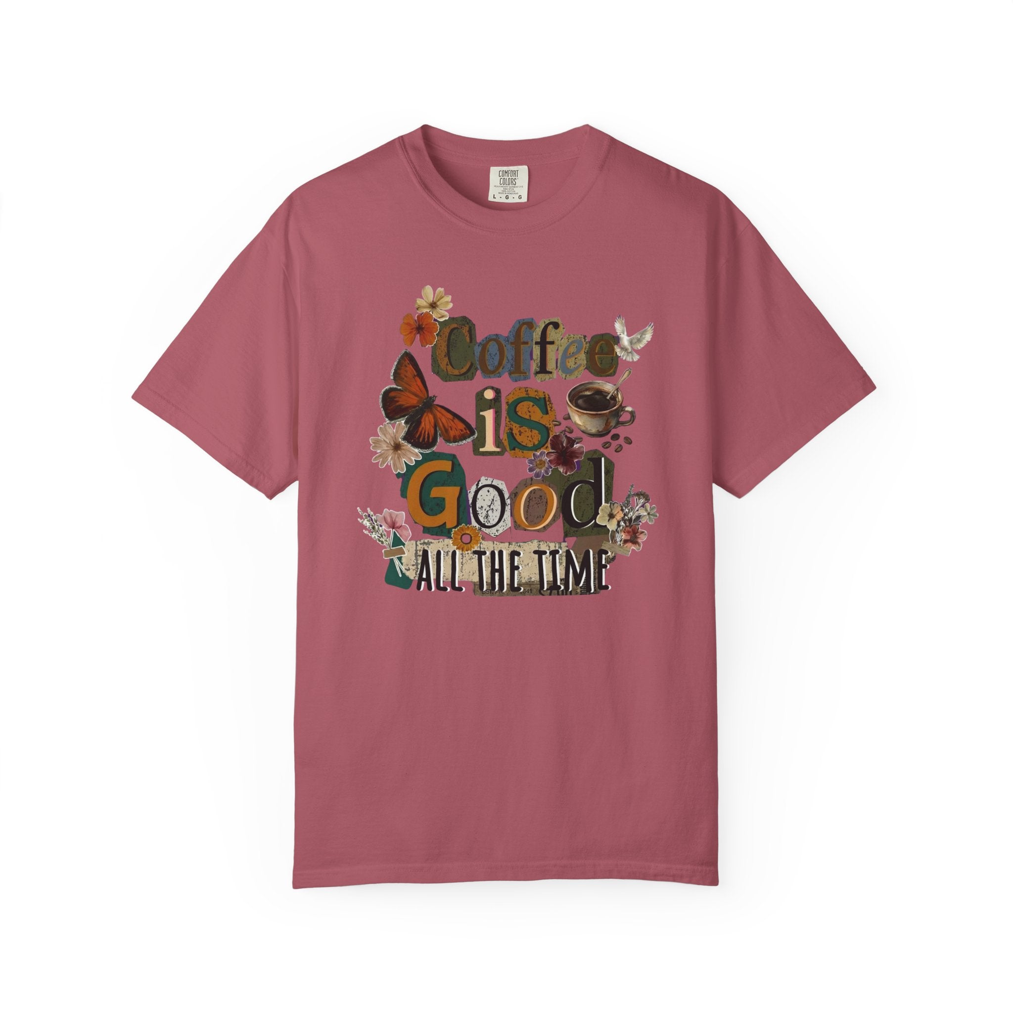 A dusty rose cotton t-shirt featuring a vintage floral graphic with the text Coffee is Good.