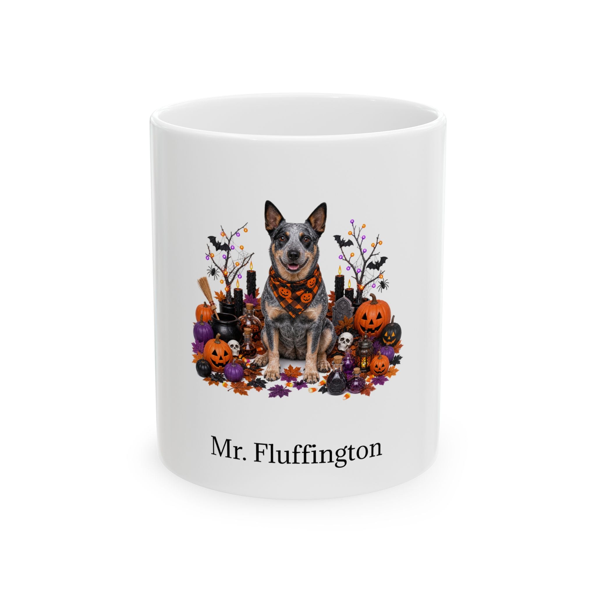 Personalized Australian Stumpy Tail Cattle Dog Halloween mug, 15oz white ceramic, with custom pet name on front