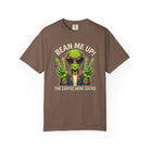 Brown t-shirt featuring a cartoon alien wearing sunglasses and making peace signs with text.