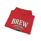 Red hoodie with "Brew Good Vibes" and a coffee cup graphic.