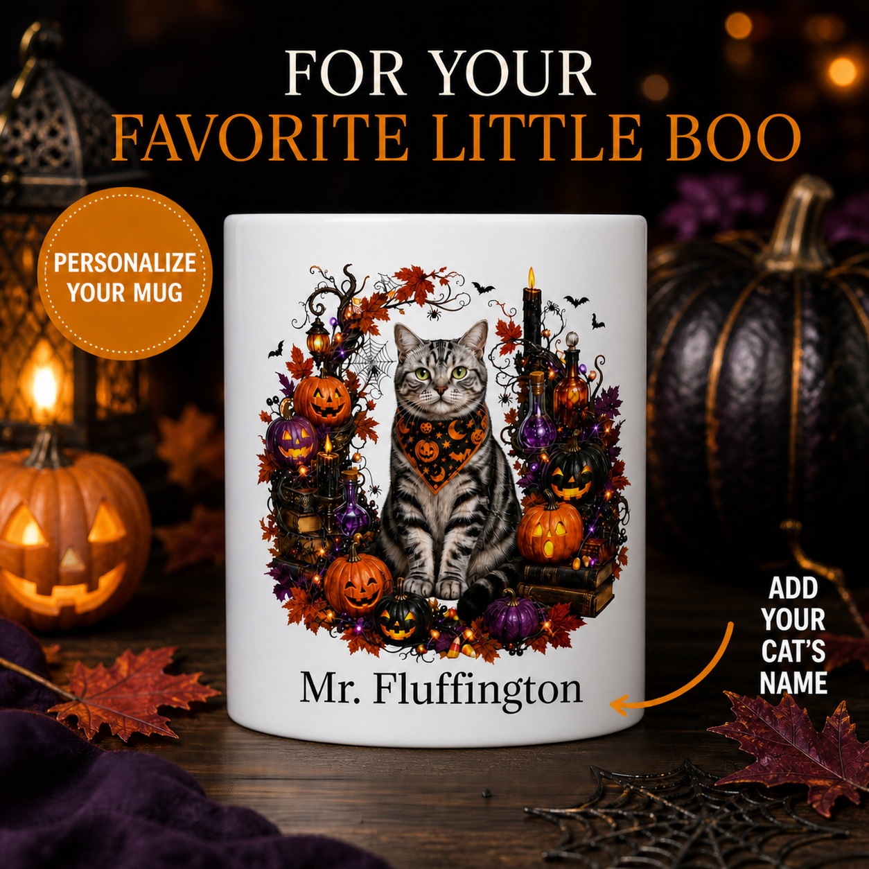 Personalized American Shorthair Cat Halloween Mug – Custom Name Gift – front view with no handle