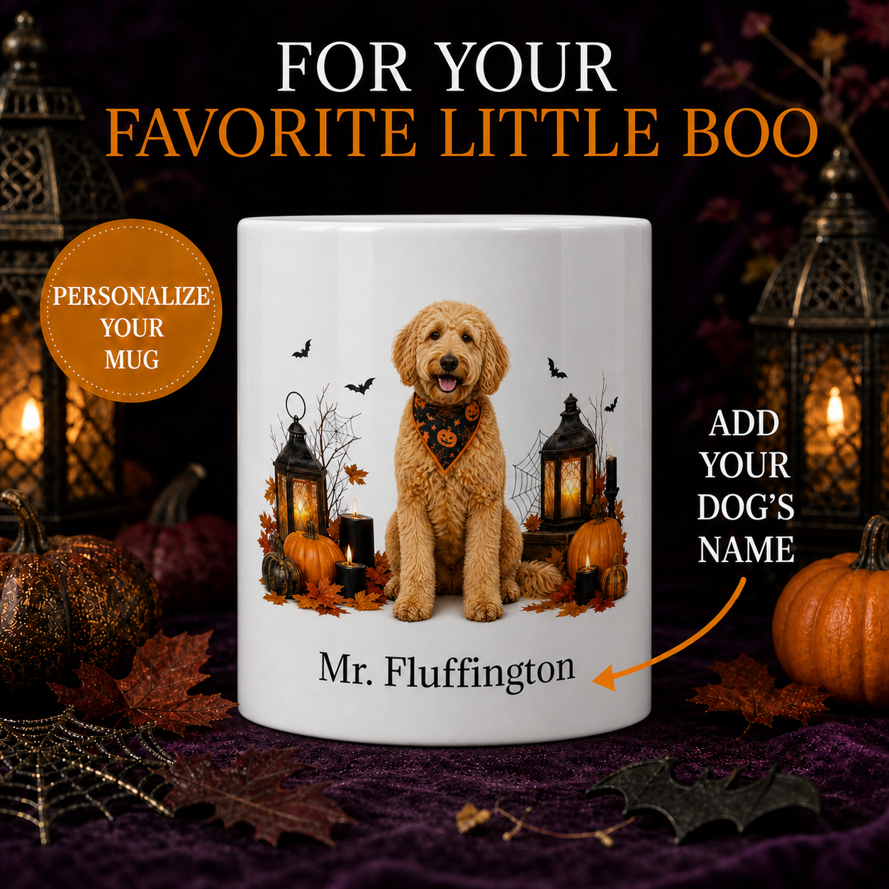 Personalized Goldendoodle Dog Mug – Custom Pet Name Halloween Gift – front view with no handle