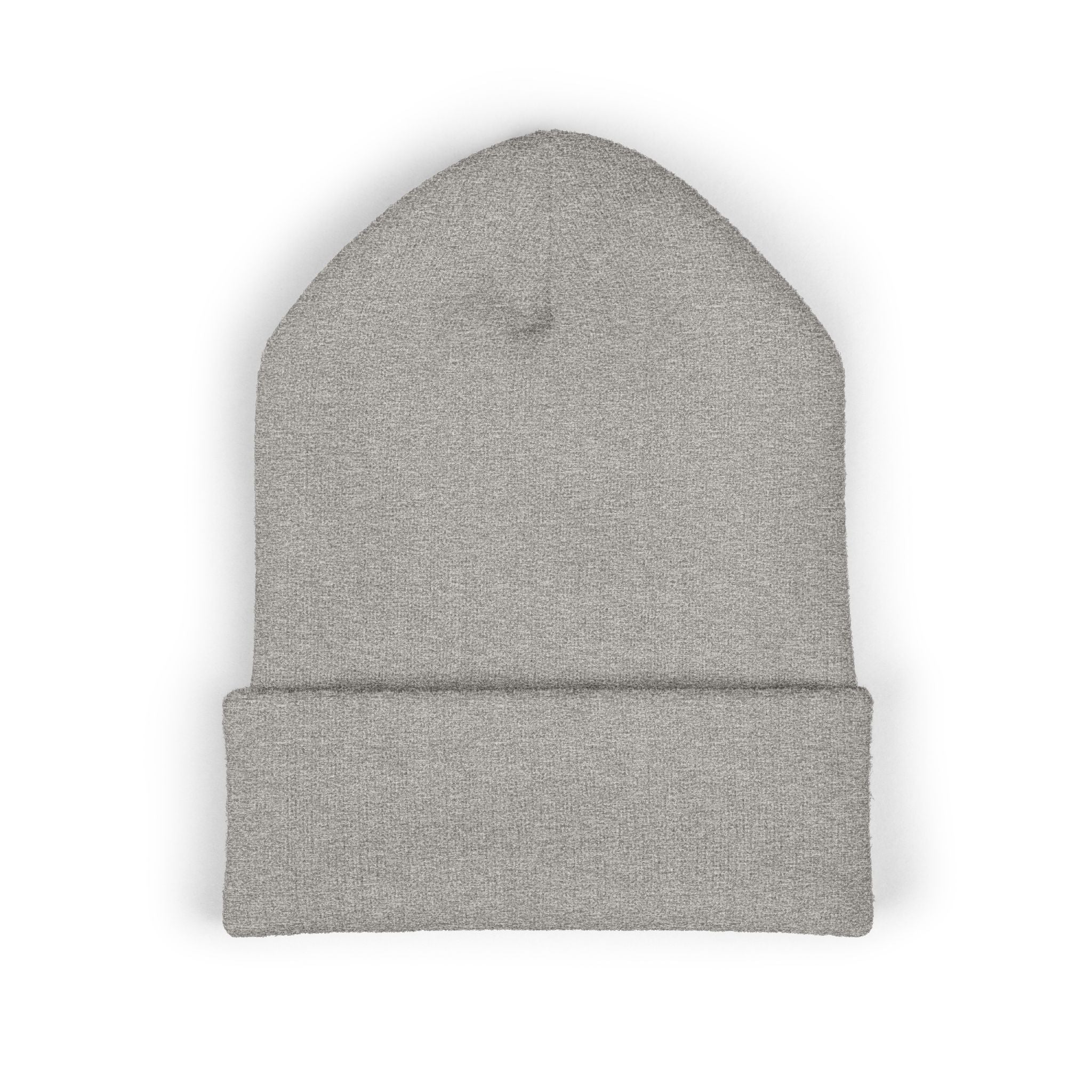 A grey cuffed beanie made of acrylic fabric.