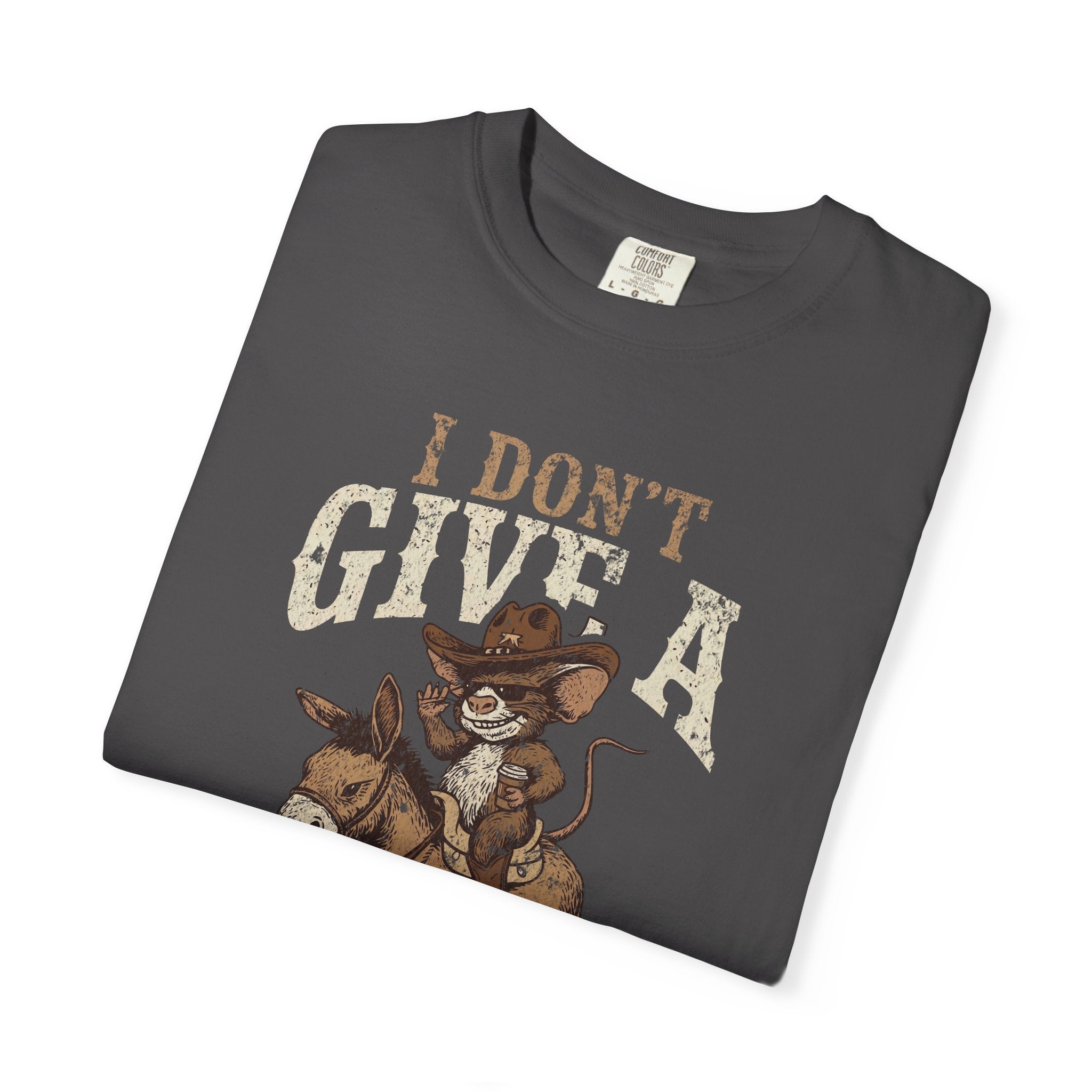 Dark gray unisex t-shirt with a distressed graphic of a cowboy rat riding a donkey.