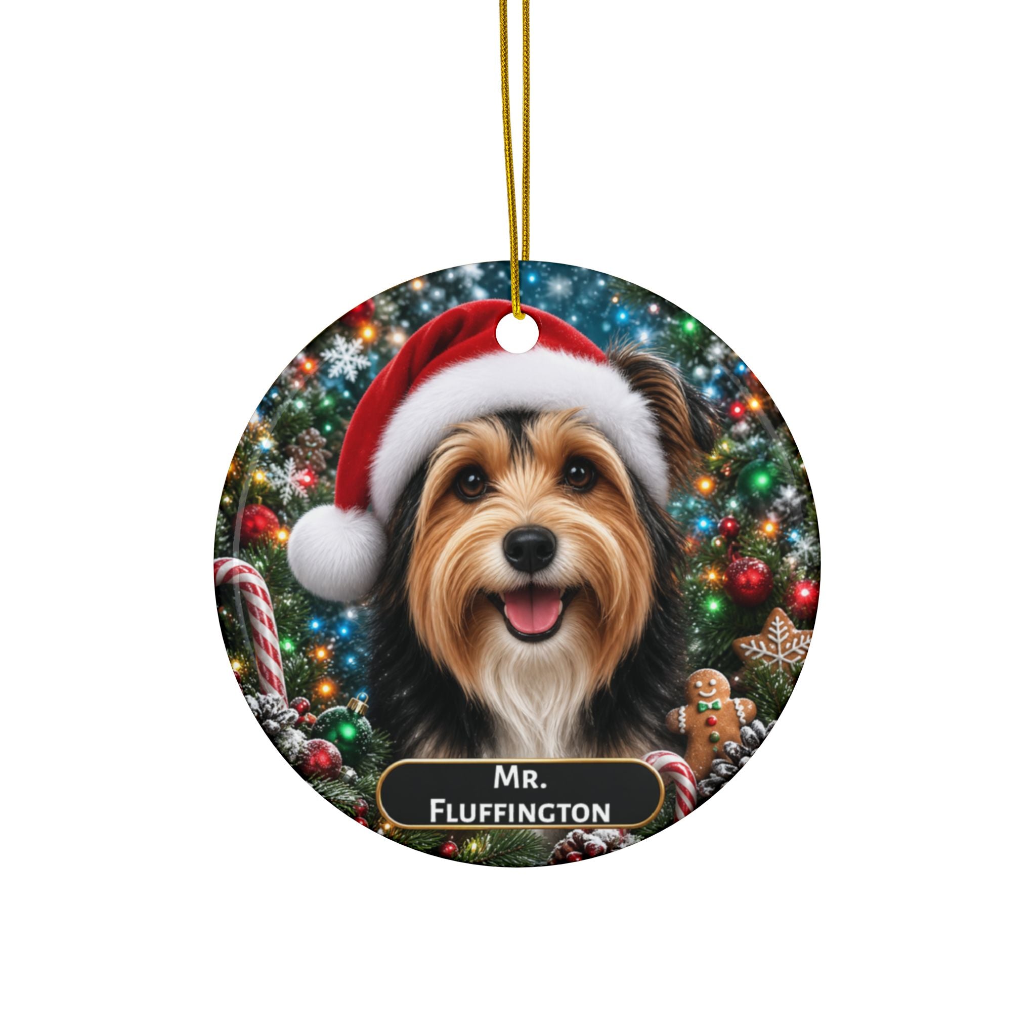 Christmas Dog Ceramic Ornament — Santa Hat Pet Portrait, Personalized Name Plaque
