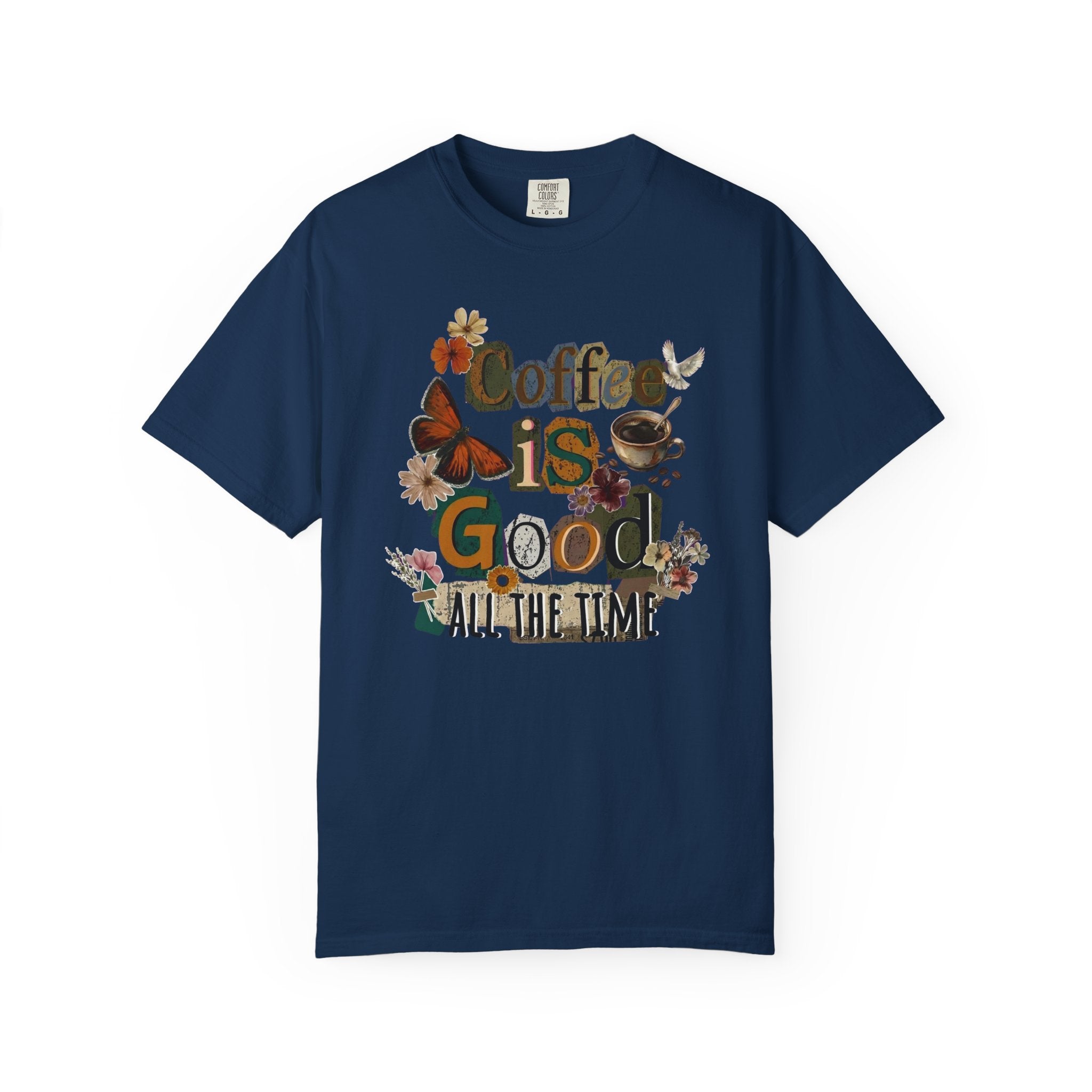 A navy blue cotton t-shirt featuring a vintage-style graphic of coffee, flowers, and a butterfly.