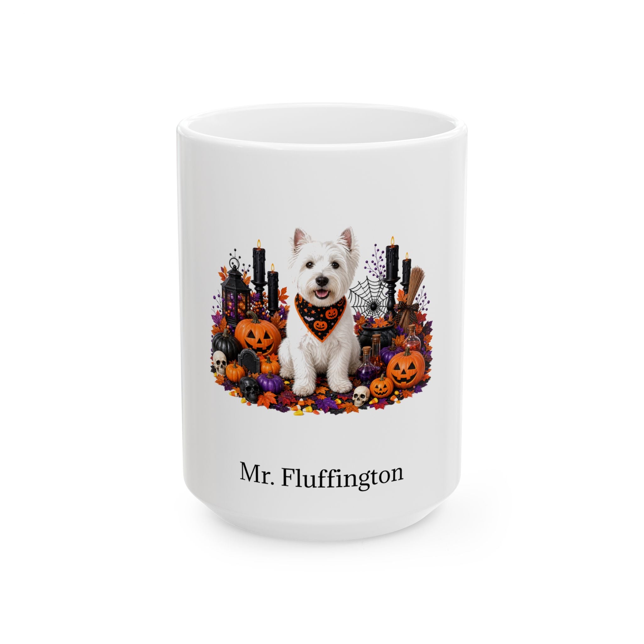 Personalized West Highland White Terrier dog Halloween mug, 11oz white ceramic, with custom pet name on front