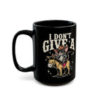 Black coffee mug featuring a graphic of a cowboy mouse riding a donkey with the text I DON'T GIVE A
