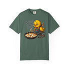 Green t-shirt featuring a sleepy chick wearing an apron with the text Brew-Tal! I'm going to need coffee.