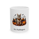 Personalized Swedish Vallhund dog Halloween mug, 11oz white ceramic, with custom pet name on front