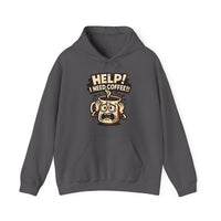 A charcoal grey hoodie featuring a cartoon coffee mug with a panicked expression and text.