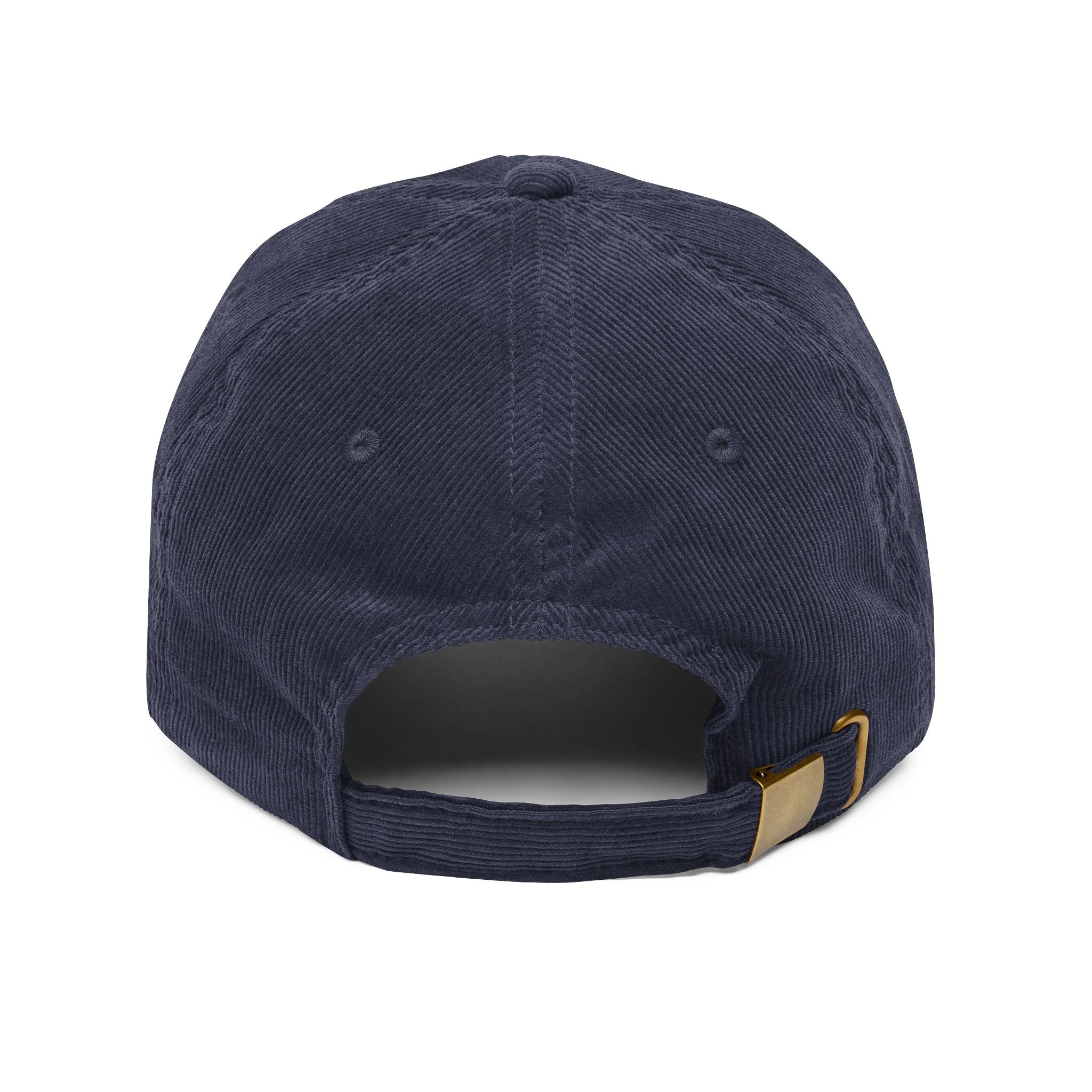 Back view of a navy blue corduroy baseball cap with an adjustable gold metal buckle strap.