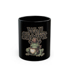 Black ceramic mug featuring a cowboy frog holding a coffee cup with the text Well Sheeyit.