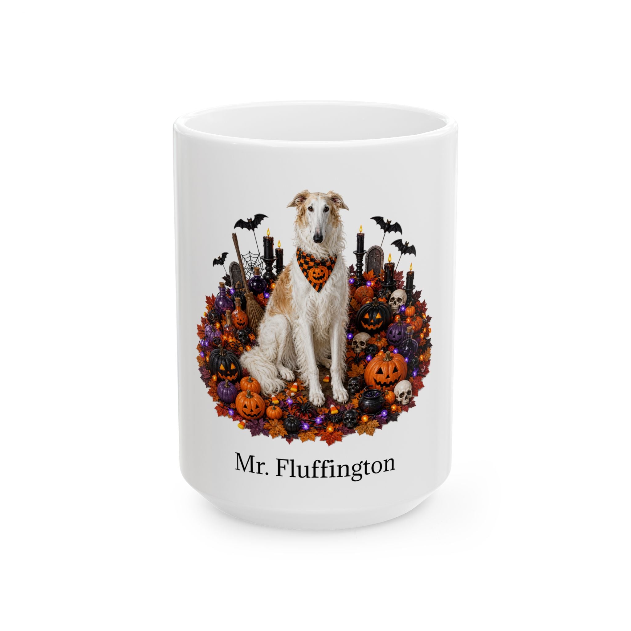 Angled Borzoi dog Halloween mug with personalized pet name and fall design — image 3