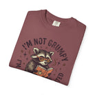 A maroon unisex t-shirt featuring a graphic of a raccoon wearing glasses and reading a book.