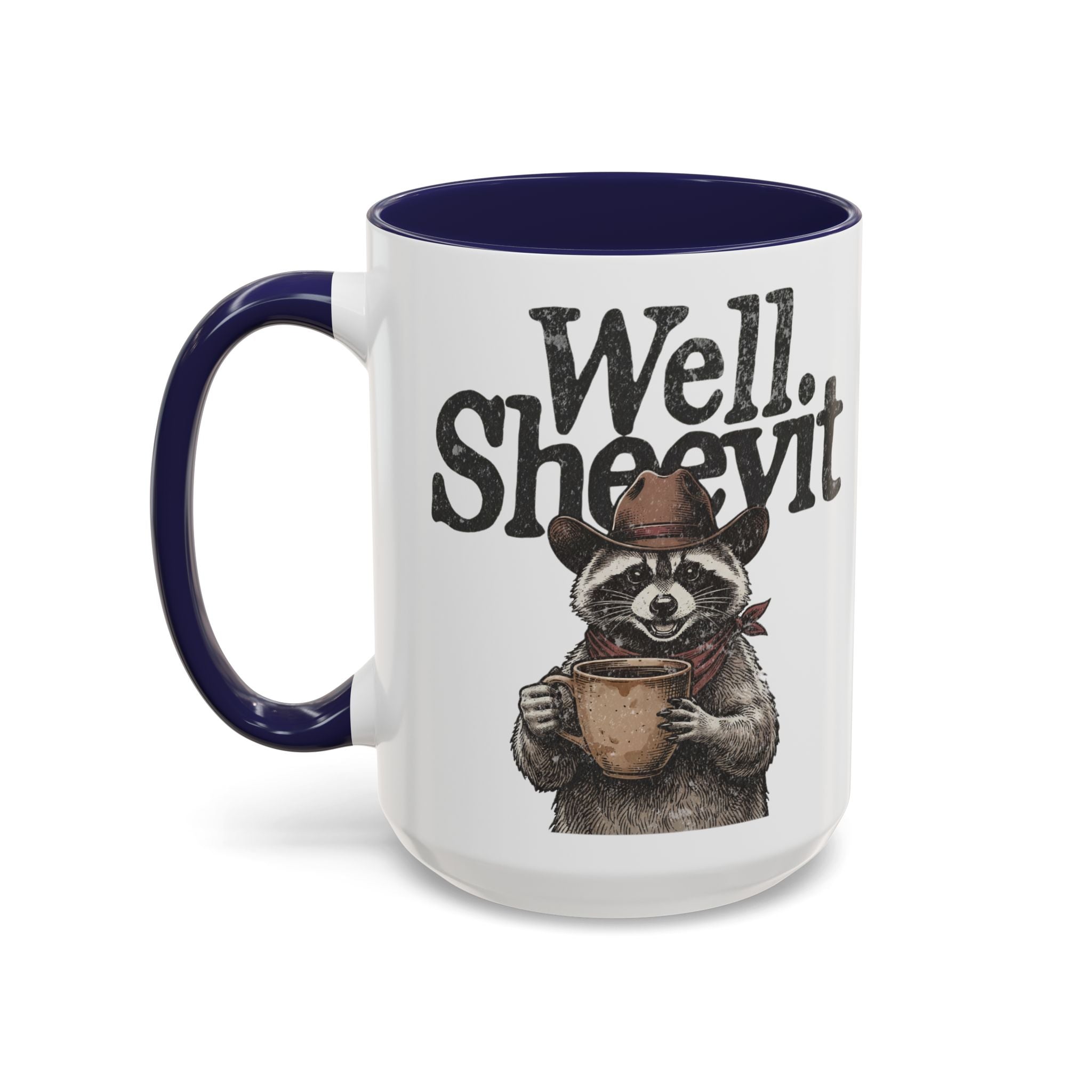 White ceramic mug with a blue handle and rim featuring a raccoon in a cowboy hat holding a mug.