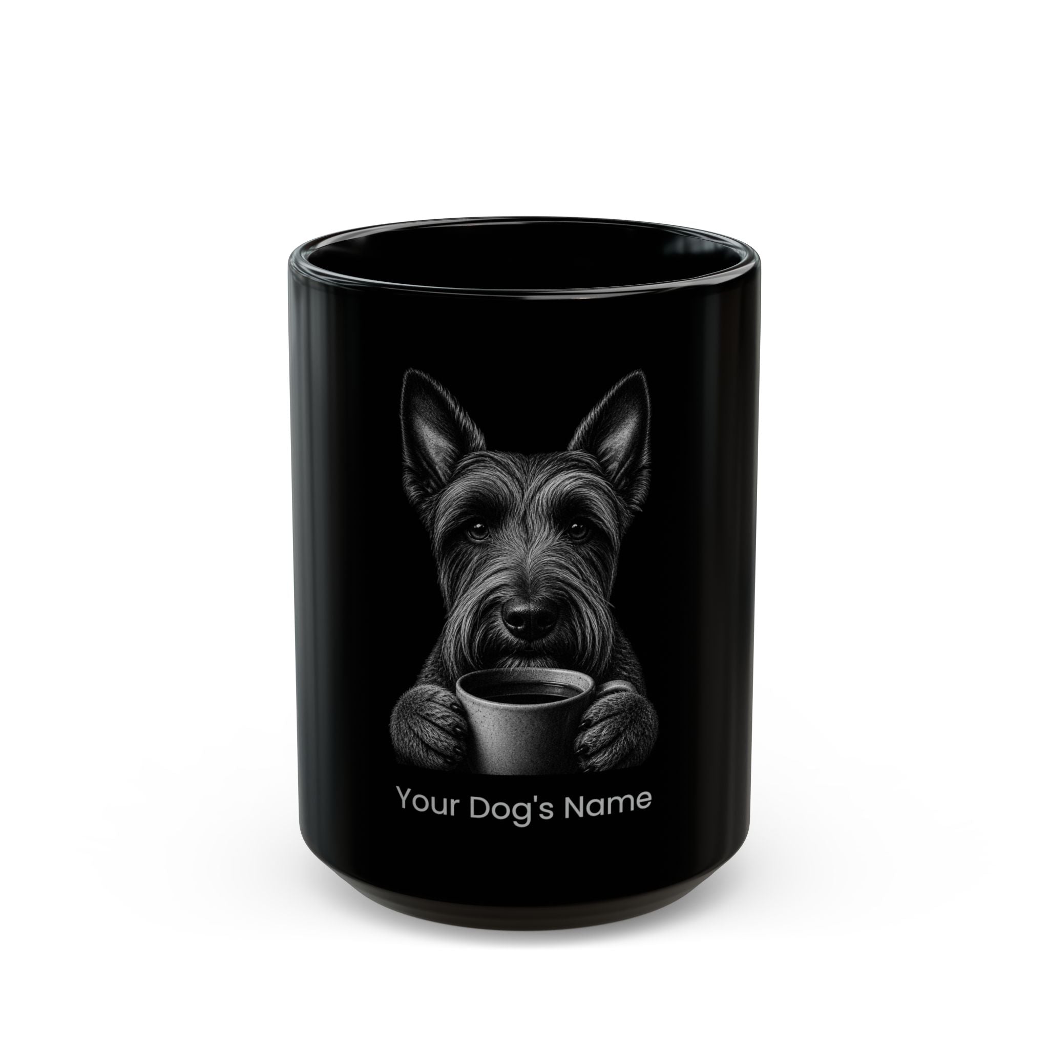 Personalized Scottish Terrier black ceramic coffee mug with custom dog name