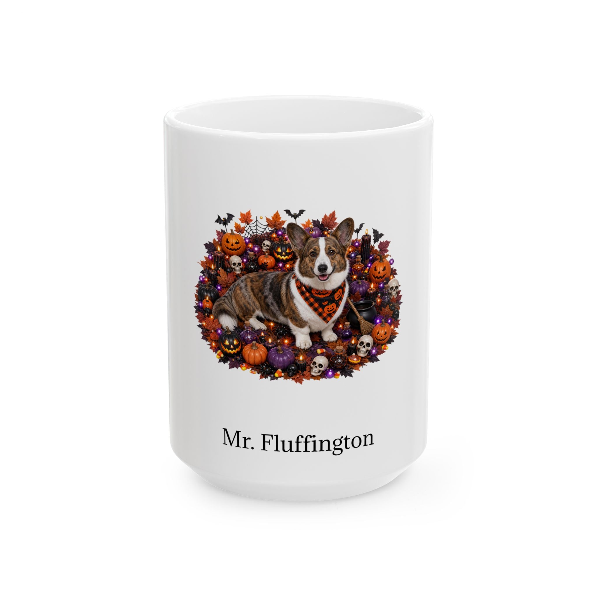 Personalized Cardigan Welsh Corgi dog Halloween mug, 11oz white ceramic, with custom pet name on front