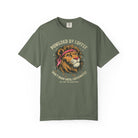 Olive green t-shirt featuring a graphic of a lion wearing a bandana with coffee-themed text.