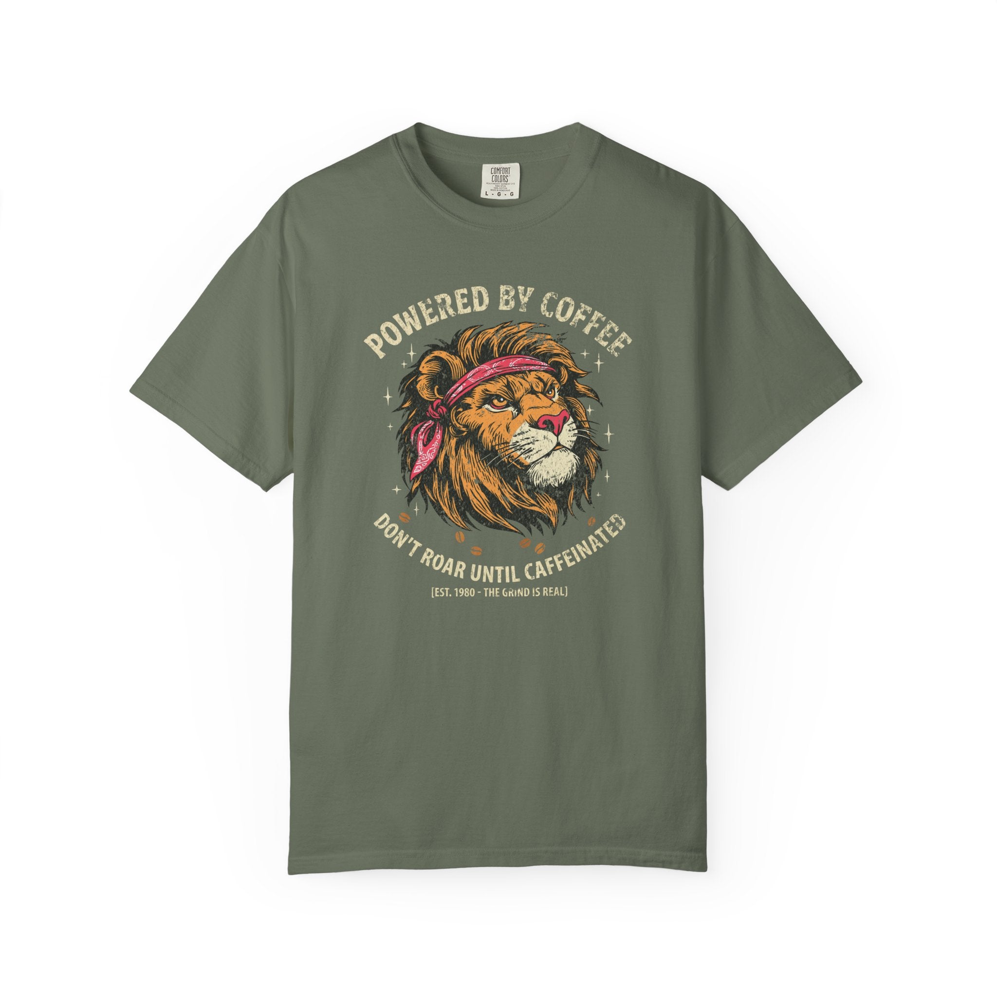 Olive green t-shirt featuring a graphic of a lion wearing a bandana with coffee-themed text.