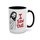 A white ceramic coffee mug with a black handle and interior, featuring a drawing of Jesus peeking.