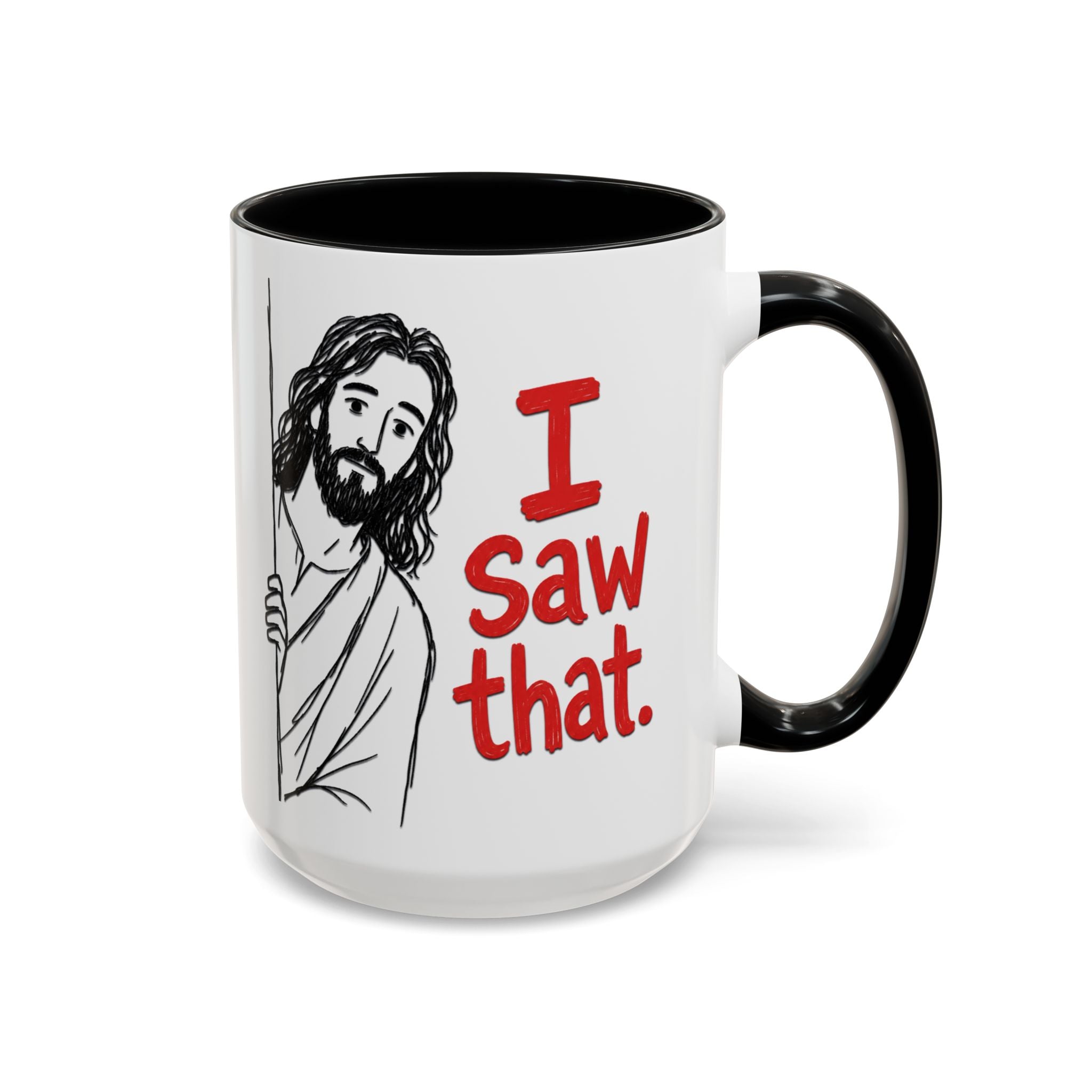 A white ceramic coffee mug with a black handle and interior, featuring a drawing of Jesus peeking.