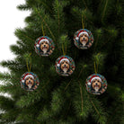 Christmas Dog Ceramic Ornament — Santa Hat Pet Portrait, Personalized Name Plaque
