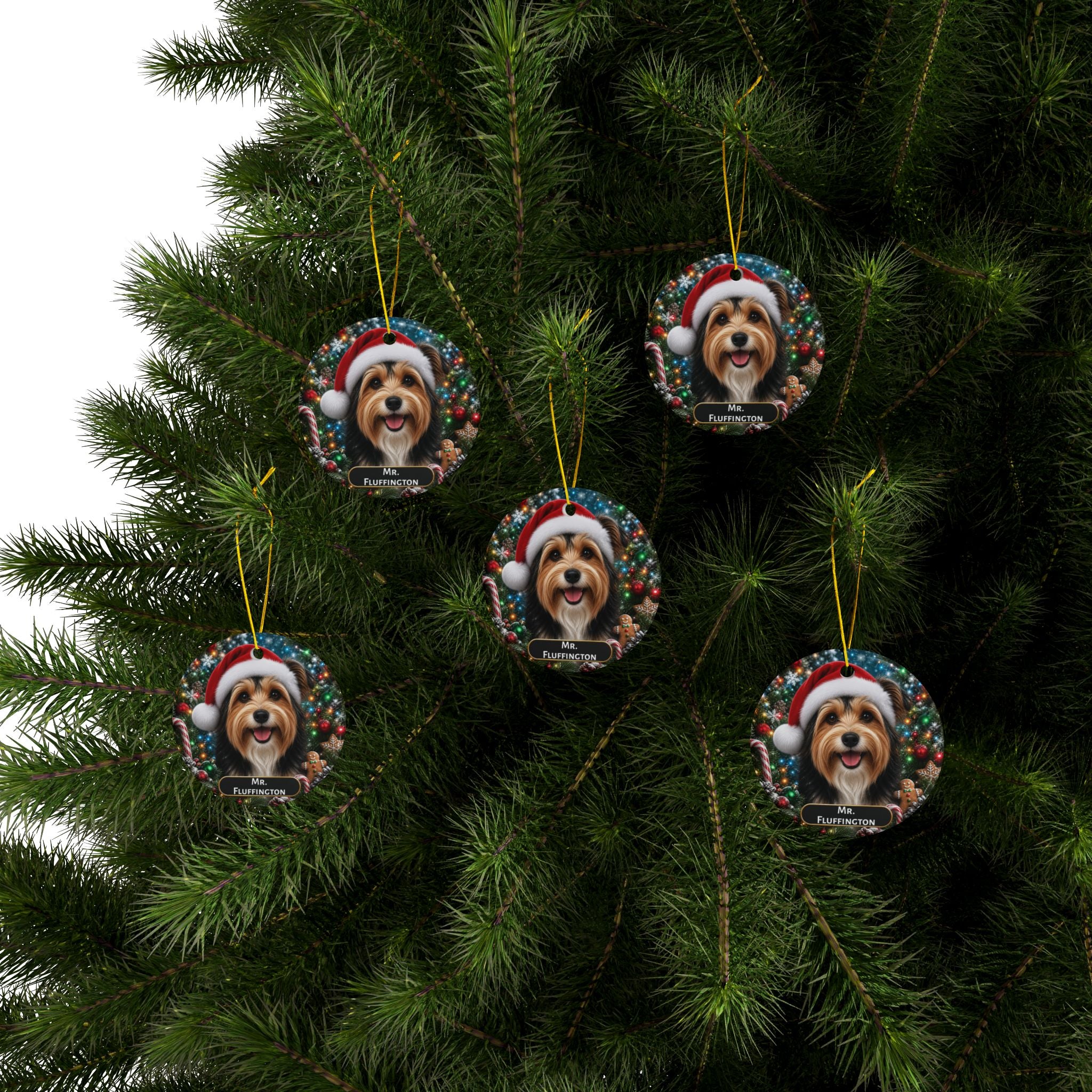 Christmas Dog Ceramic Ornament — Santa Hat Pet Portrait, Personalized Name Plaque