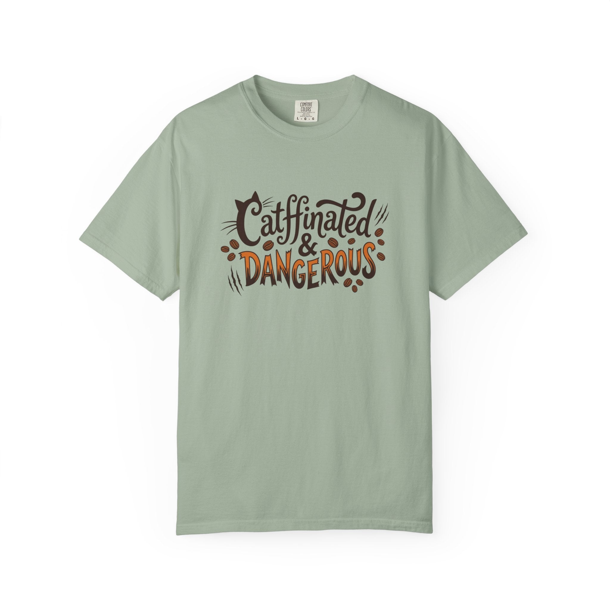 Catffinated & Dangerous Tee — Vintage Garment-Dyed Cat & Coffee T-Shirt