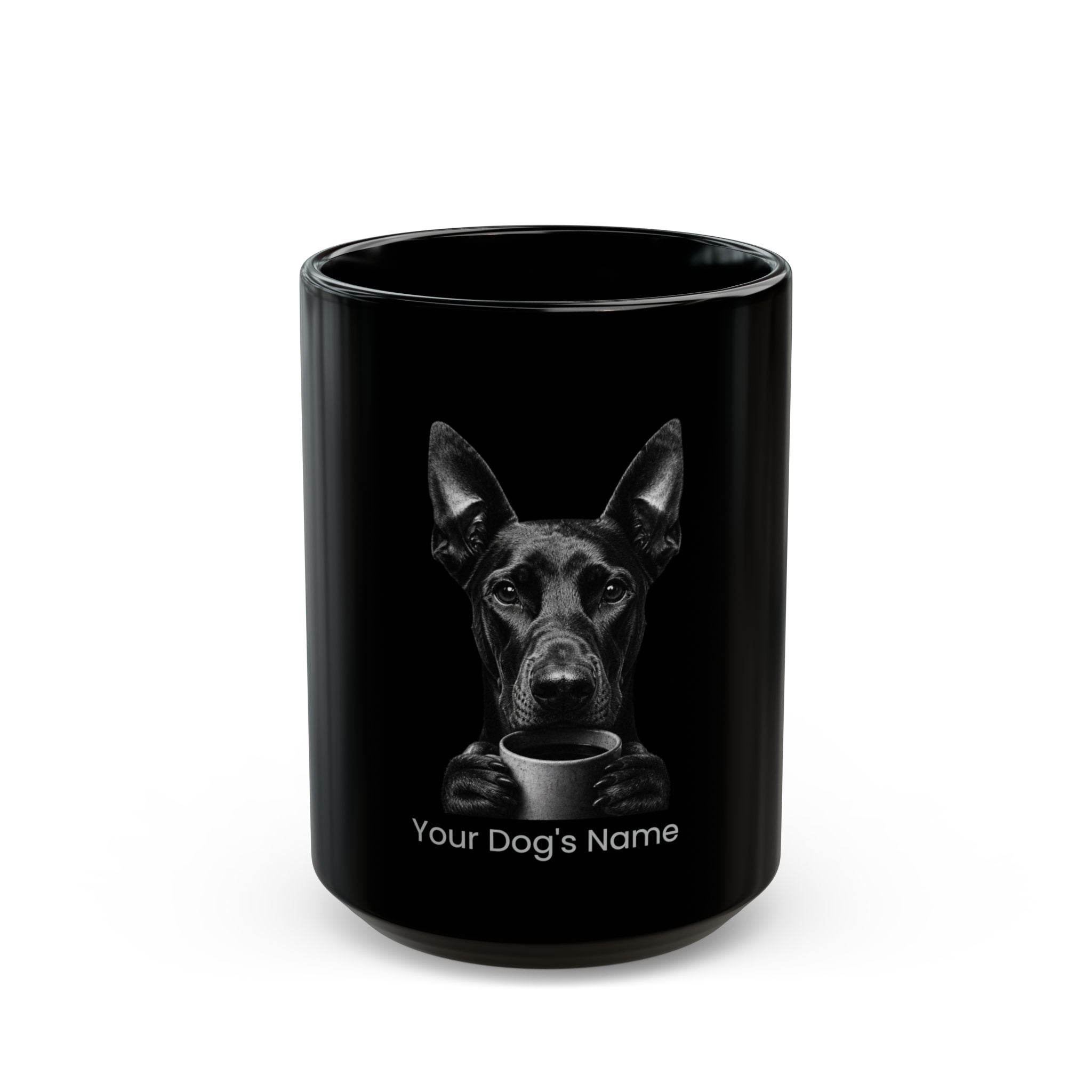 Personalized Doberman Pinscher black ceramic coffee mug with custom dog name