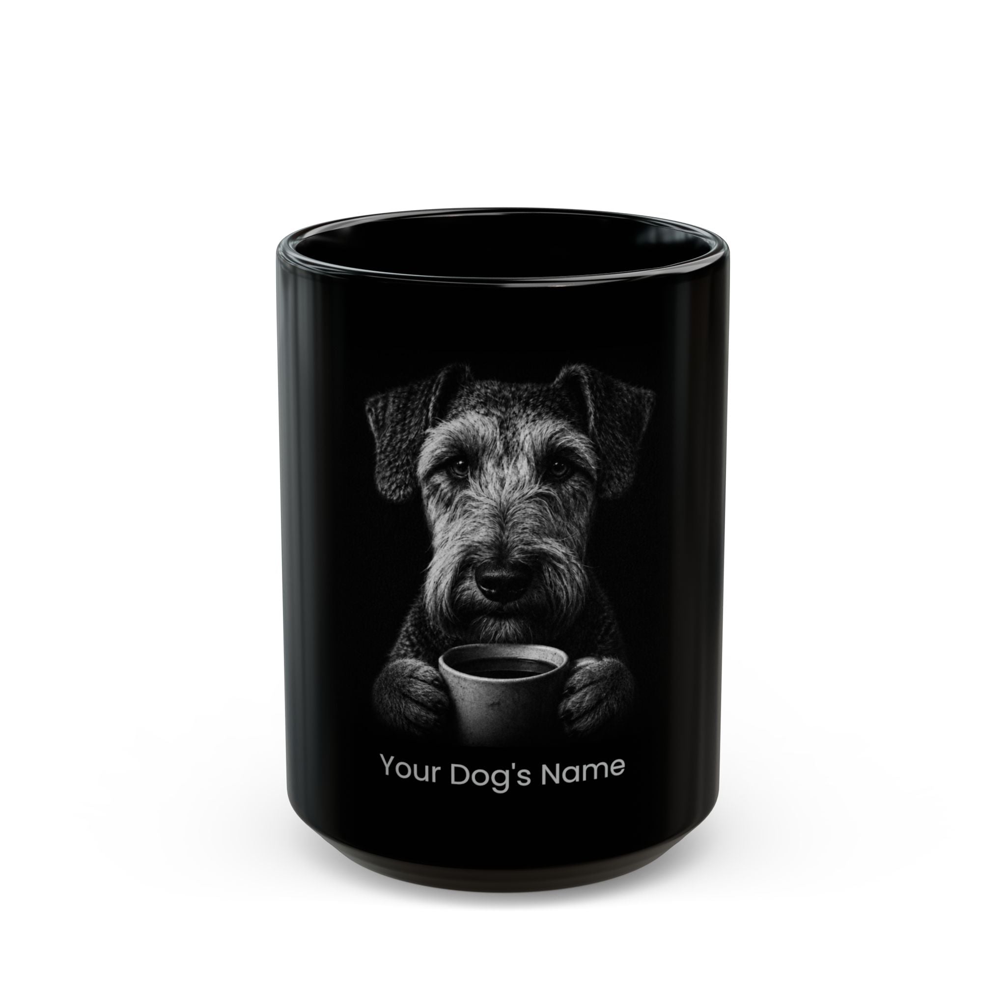 Personalized Belgian Laekenois black ceramic coffee mug with custom dog name