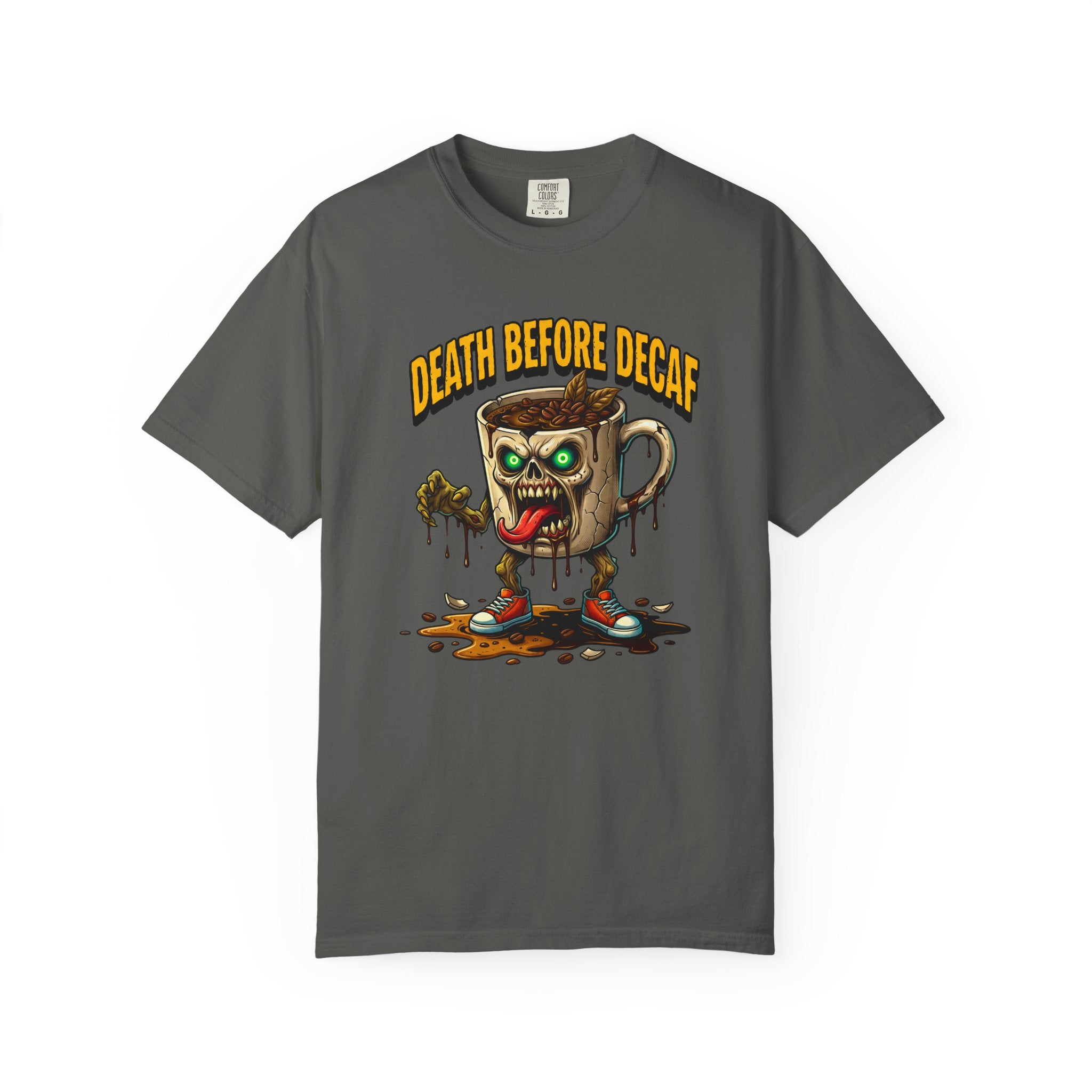 Dark grey unisex t-shirt featuring a zombie coffee mug graphic with the text Death Before Decaf.
