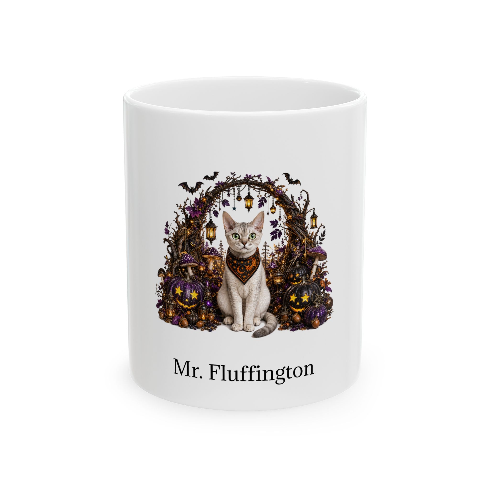 Personalized Devon Rex cat Halloween mug, 11oz white ceramic, with custom pet name on front