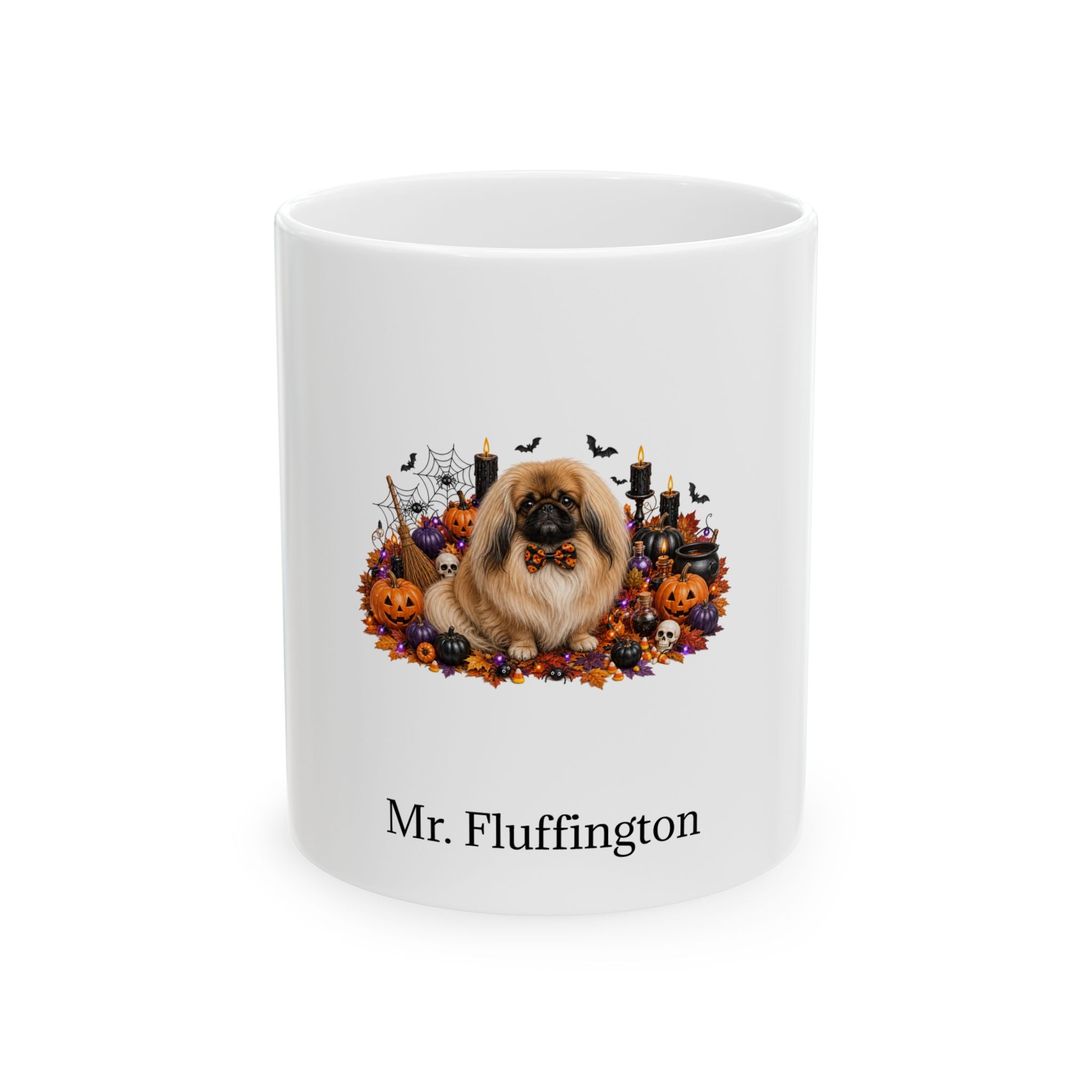 Personalized Pekingese dog Halloween mug, 11oz white ceramic, with custom pet name on front