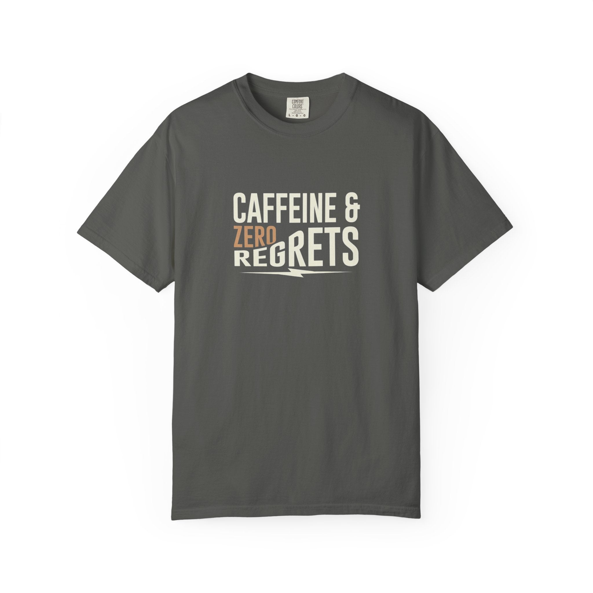 Caffeine & Zero Regrets T-Shirt - Funny Coffee Pun Tee - Sarcastic Barista Shirt - Minimalist Aesthetic Graphic Top - Premium Comfort Colors 1717