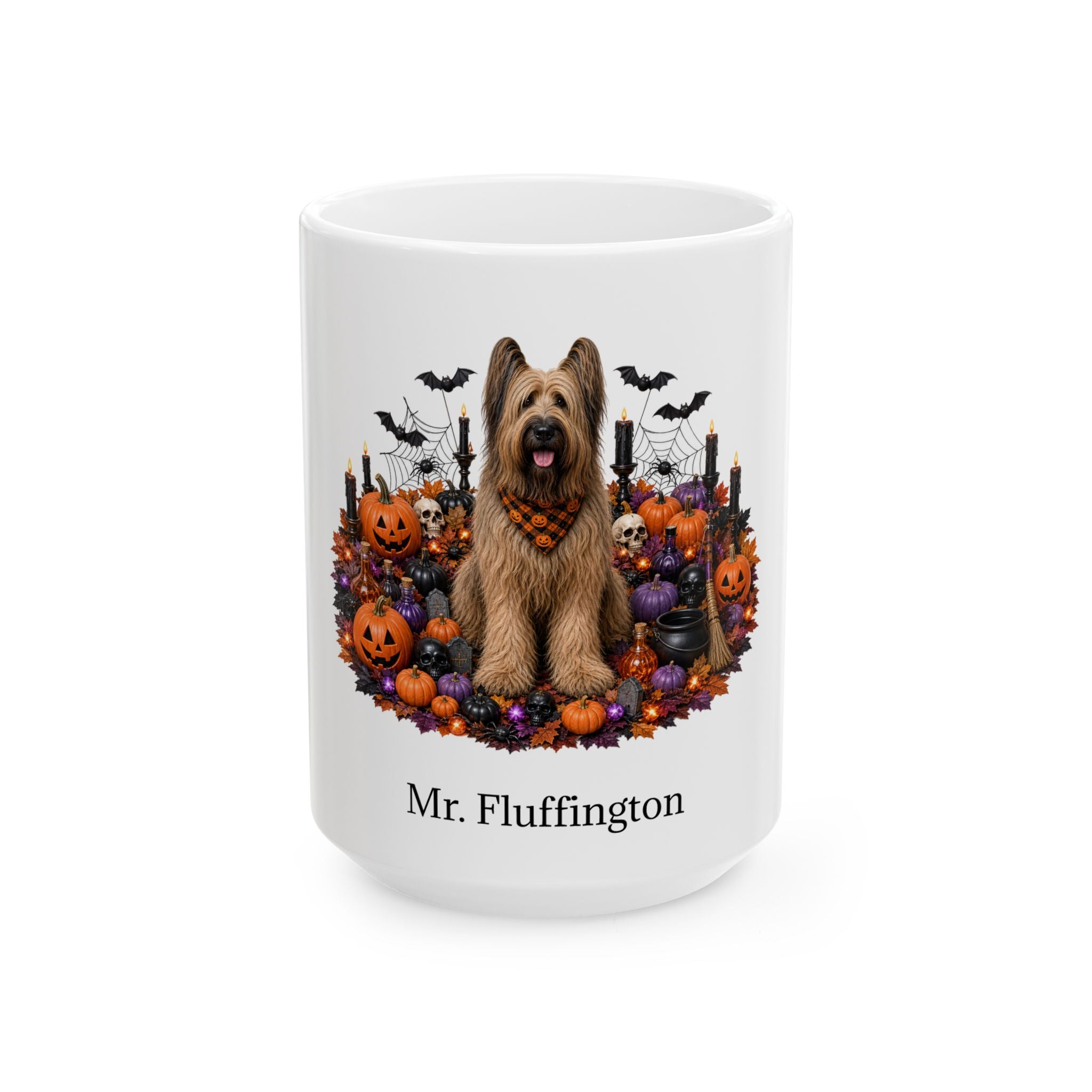 Angled Briard dog Halloween mug with personalized pet name and fall design — image 3