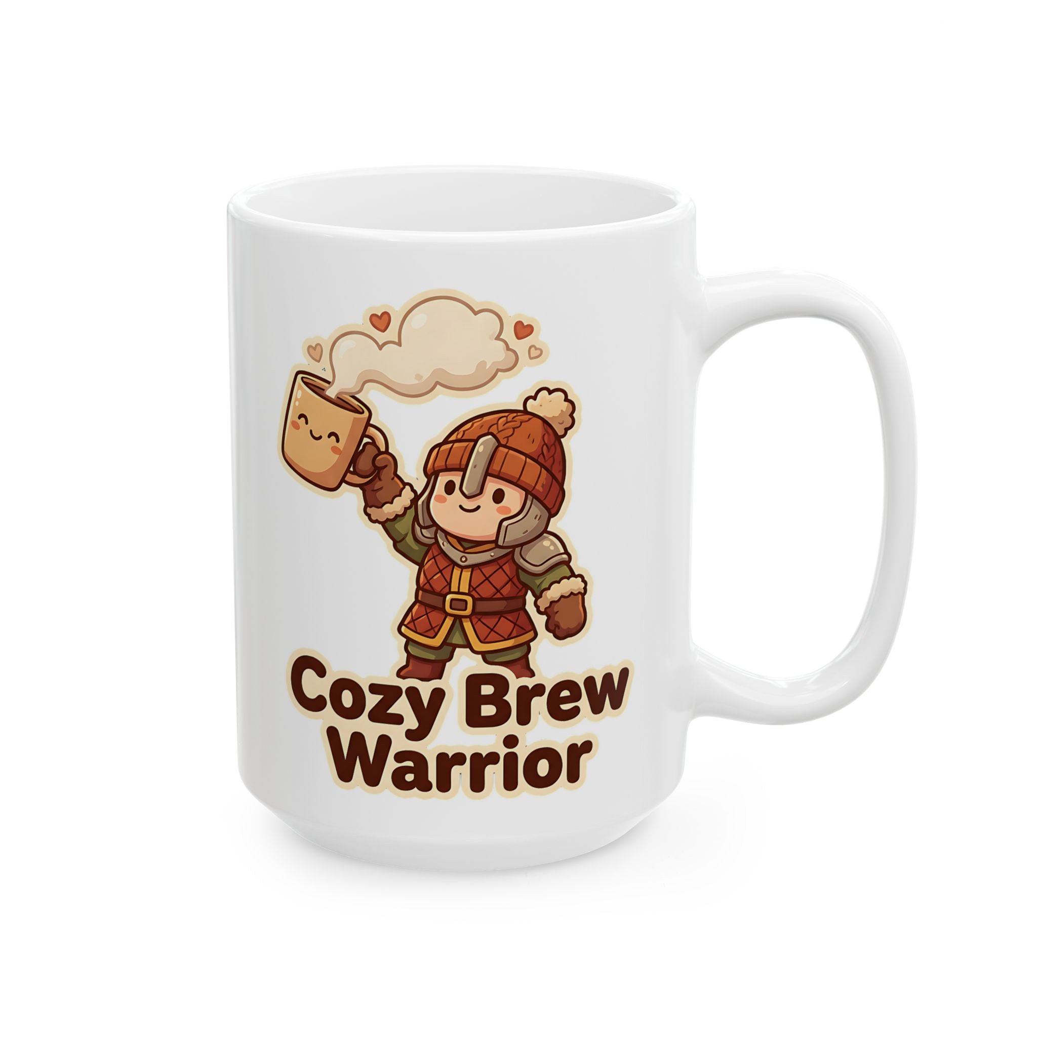 A white ceramic mug featuring a cartoon warrior holding a smiling coffee cup with hearts.