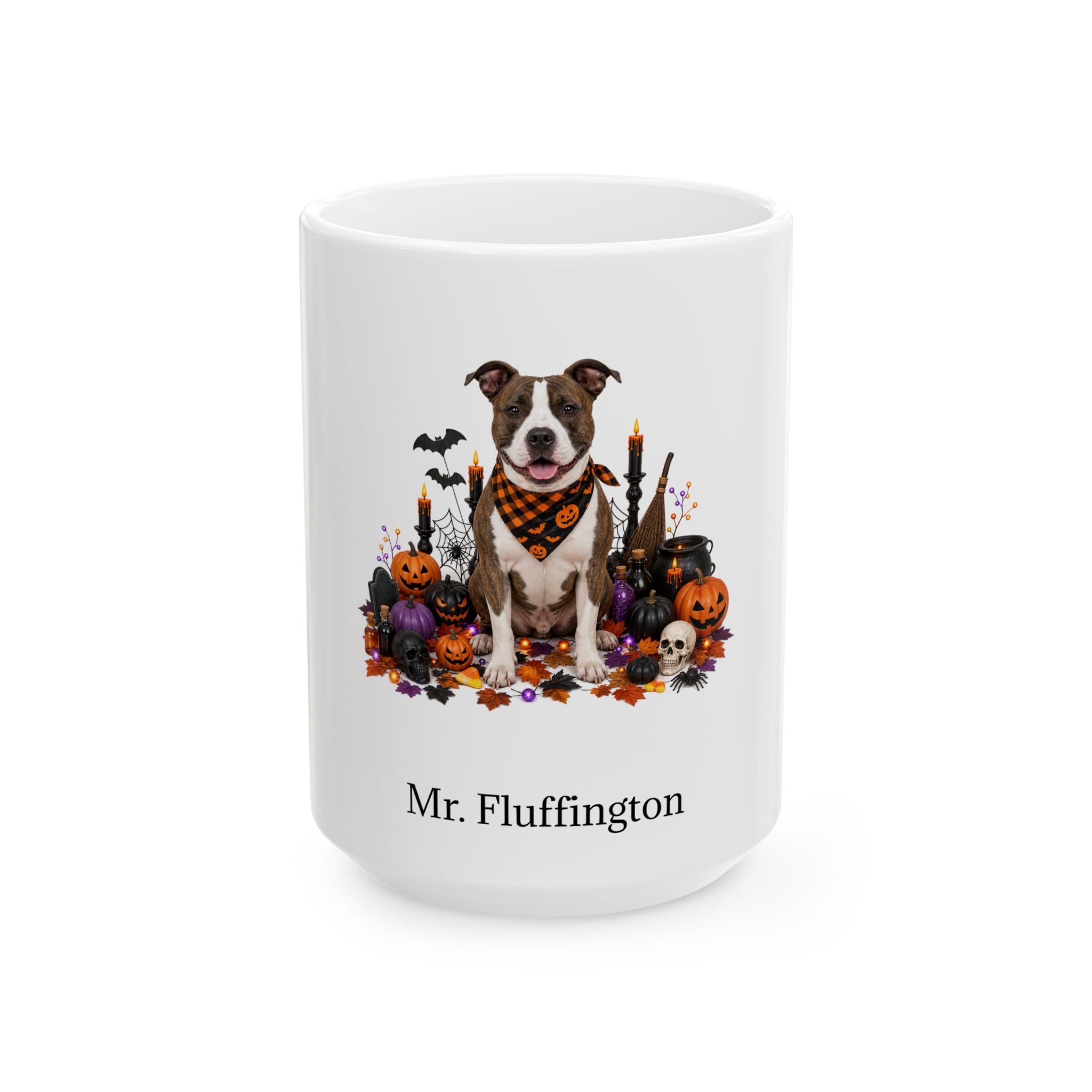 Personalized American Staffordshire Terrier dog Halloween mug, 11oz white ceramic, with custom pet name on front